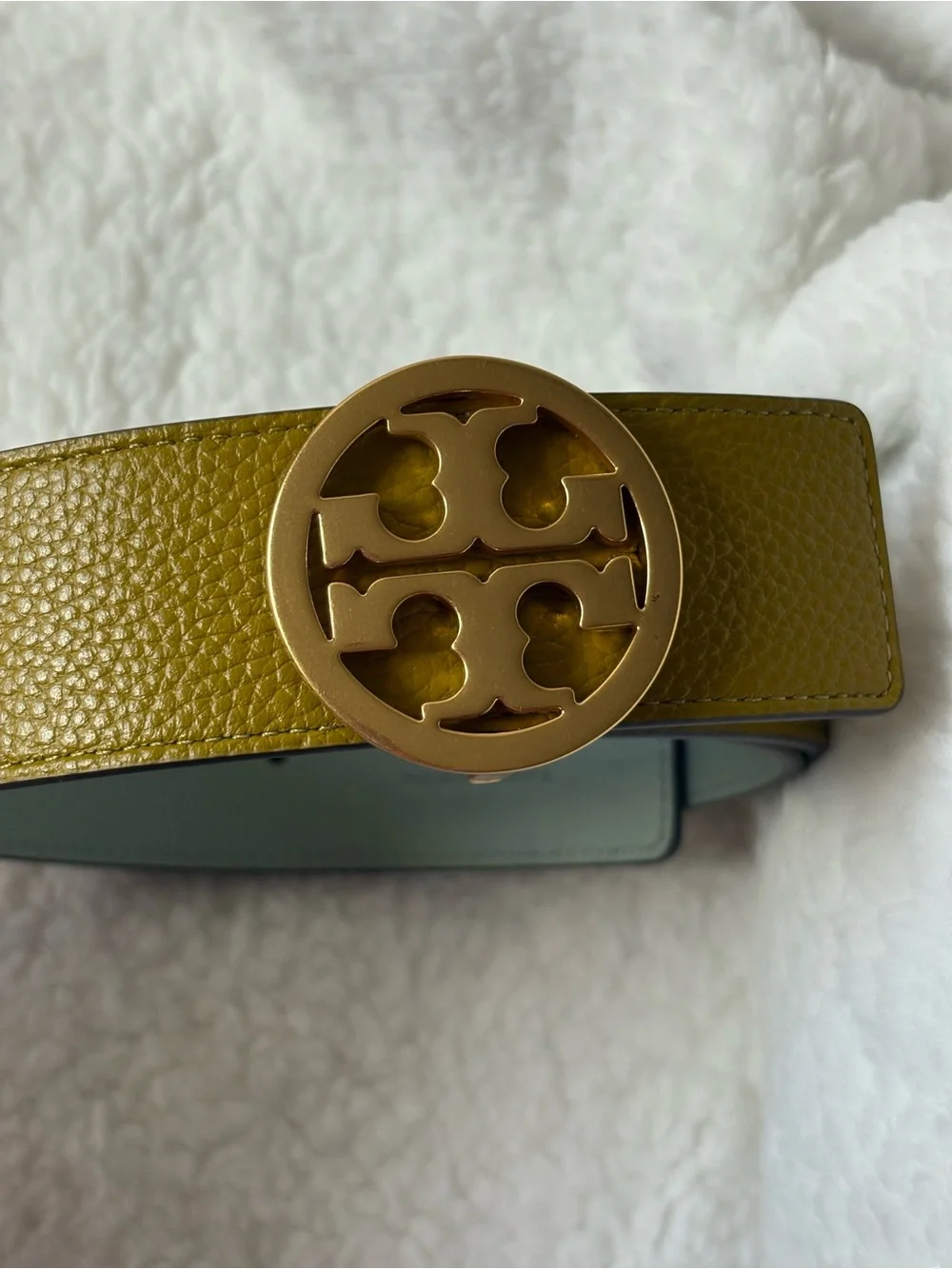 Tory Burch Olive Green Leather Belt with Gold Logo Buckle